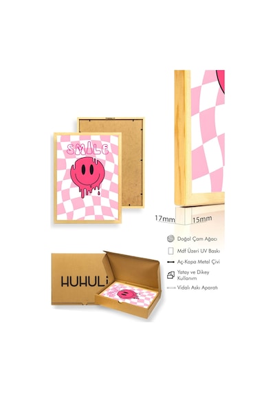 Doğal Ahşap Çerçeveli Retro Tablo - Pembe Smiley Pop Art Canlı Duvar Sanatı Huhu2329