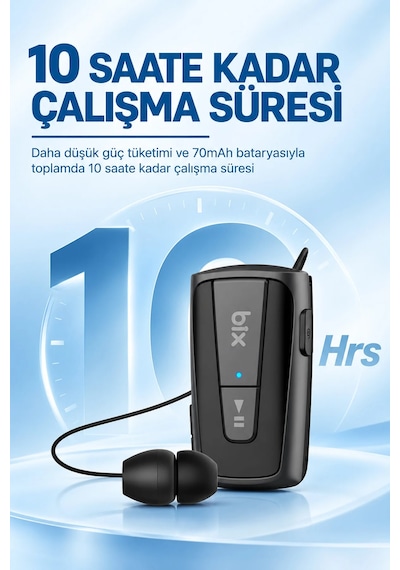 Exenar - Siyah - Makaralı Bluetooth Kulaklık Titreşimli Yaka Klipsli Tekli Şoför Kulaklığı Çift Telefon Bağlantılı