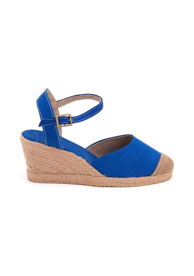 Star Tombis Gerçek Elişi Topuğu Açık Bilekten Bantlı Dolgu Topuk Keten Hasır Espadril Handmade Saks Saks Mavi