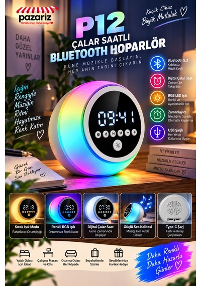 Çalar Saatli Bluetooth Hoparlör, Rgb Led Gece Lambası, Fm Radyo, Zamanlayıcı, Dokunmatik Ve Ayarlanabilir Işık, Usb Şarjlı Dijital Alarm Saati P12 Çalar Saatli Bluetooth Hoparlör, Rgb Led Gece Lambası, Fm Radyo, Zamanlayıcı, Dokunmatik Ve Ayarlanabilir Işık, Usb Şarjlı Dijital Alarm Saati P12