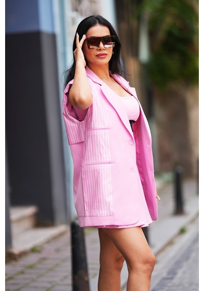 Canım Kendim Store Pembe Çizgi Detaylı Yelek Ve Etek İkili Takım Pembe