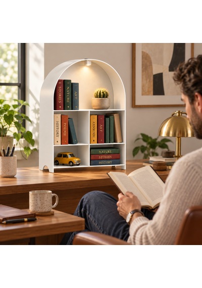 Led Işıklı Modern Metal Kitaplık Çok Amaçlı Dekoratif Raf Ev Düzenleyici Beyaz
