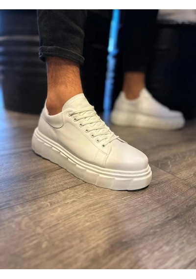 Mevese Ares Bağcıklı Cilt Erkek Günlük Sneaker Yüksek Taban Ayakkabı - Beyaz