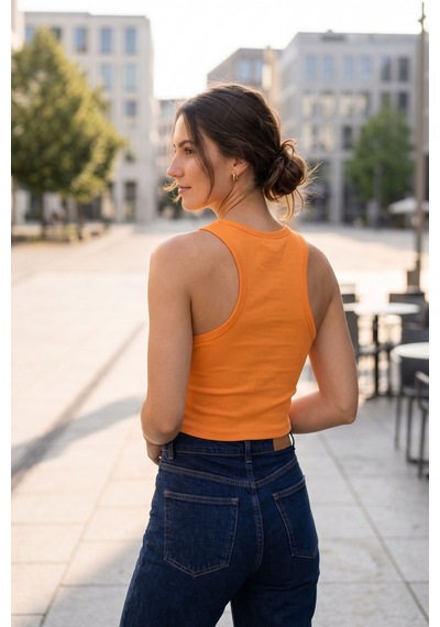 Kadın Turuncu Fitilli Crop Atlet Yüksek Bel Kombin Uyumlu Esnek Vücuda Oturan Yazlık Crop Bluz