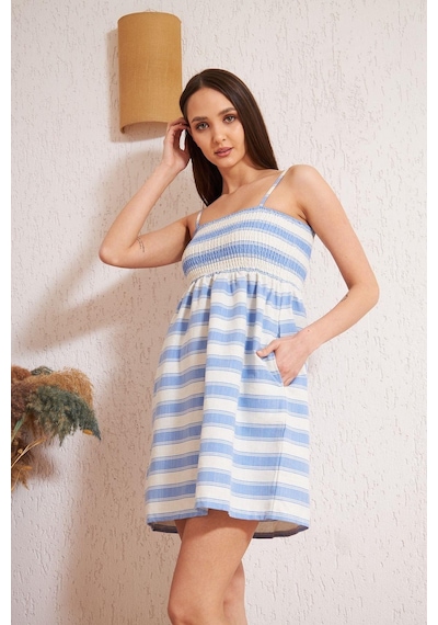Darlin Moda Mavi Çizgili Cepli Elbise Dm1003 Mavi