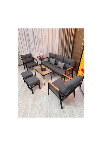 Houseart Balkon, Bahçe - Metal Kanepe Koltuk Takımı 3+1+1 + 2 Adet Puf + Sehpa Gri