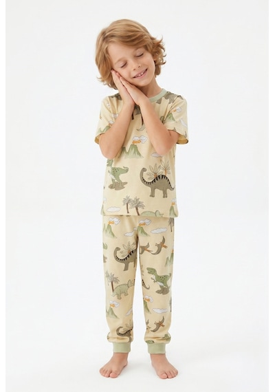 Bunny Hopp Yazlık Kısa Kollu Erkek Çocuk Pijama Takımı Safari Desenli %100 Pamuk Bej