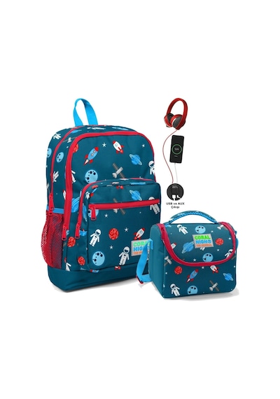 Coral High Okul Çantası Ve Beslenme Çantası Seti - Erkek Çocuk Lacivert Mavi Astronot - Usb Soketli