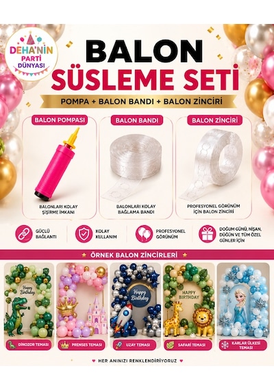 Balon Pompası Balon Zinciri ve Yapıştırma Bandı Seti 3 Parça Parti Süsleme Dekorasyon Aparatı Çok Renkli