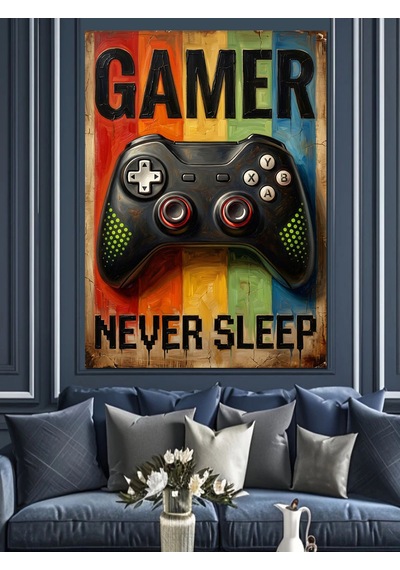 Gökkuşağı Gamer Asla Uyumaz Poster Dekoratif Kanvas - Mdf Ahşap Tablo Çok Renkli