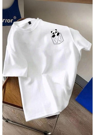 Cepte Panda Baskılı Oversize Unisex Pamuklu Tişört Battal Büyük Beden Tshirt Beyaz