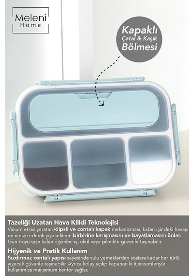 Sızdırmaz Contalı Yemek Kabı - 4 Bölmeli Çatal Kaşıklı Diyet Beslenme Kutusu Lunch Box Mavi MAvi