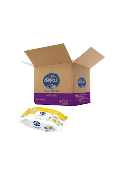 Mavi Beyaz Islak Havlu Mendil 90 Yaprak Papatya 24 Lü Set Plastik