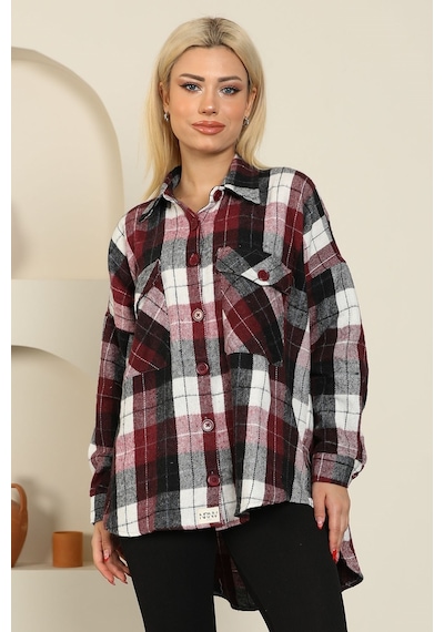 Nurneva Oduncu Kumaş Ekose Desen Oversize Gömlek Bordo-bordo Bordo