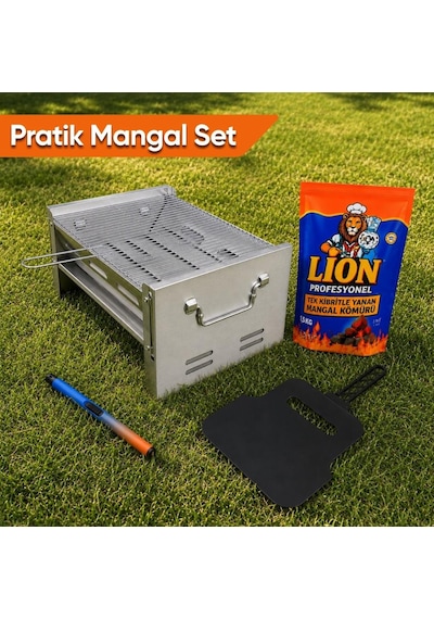 Pratik Mangal Set - Katlanabilir Mangal - Kömür - Çakmak - Yelpaze