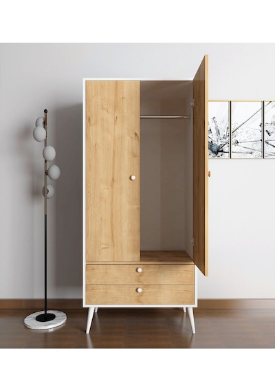 Floradesign Riva Elbise Dolabı / Iki Kapaklı Çekmeceli Dolap / Gardırop Beyaz/meşe