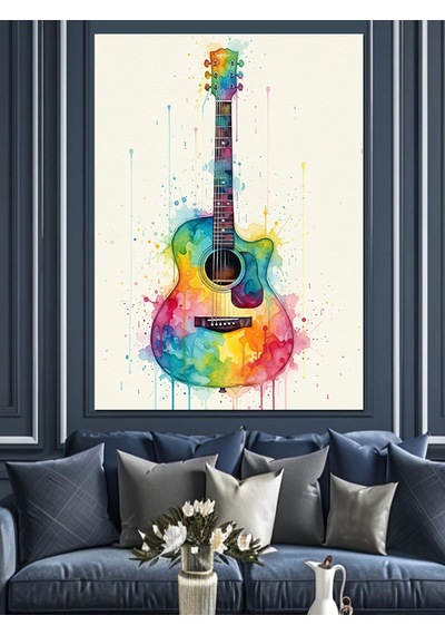 Sulu Boya Gitar Soyut Çizim Dekoratif Kanvas - Mdf Ahşap Tablo