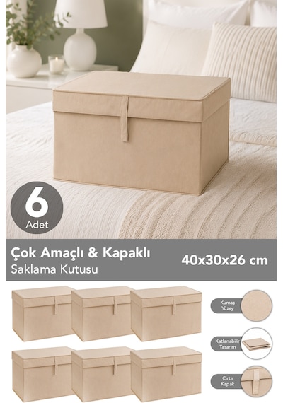 6'lı Mini Boy Hurç - Çok Amaçlı Organizer Kapaklı Saklama Kutusu 40x30x26cm Bej