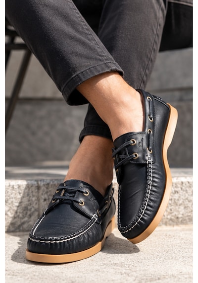 Liarca Marin Boat Shoe, %100 Hakiki Deri Siyah Bej Kauçuk Taban Erkek Boat Shoe Mokasen Laofer Casual A... Siyah - Bej