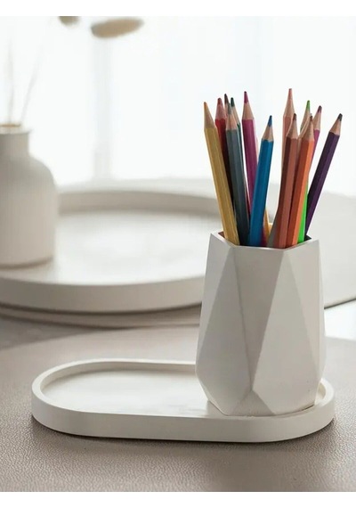 Modern Dekoratif Çok Amaçlı Tepsi Tabanlı Geometrik Beyaz Vazo / Saksı / Kalemlik / Diş Fırçalık Beyaz