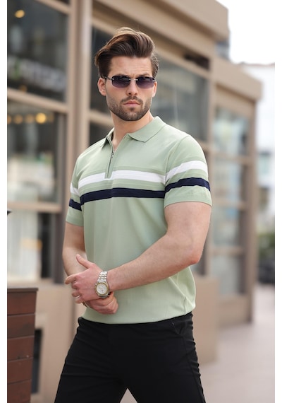 Madmext Çağla Yeşili Fermuarlı Polo Yaka Triko Erkek T-shirt E7299 Çağla Yeşili