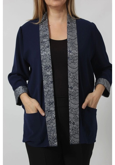 Moda Berray Parlak Detaylı Garnili Büyük Beden Blazer Ceket Lacivert