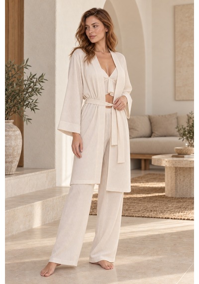 Loule Kadın Bej-krem Çizgili Fırfırlı Sabahlıklı Pijama Takımı Çok Renkli Loule Kadın Bej-krem Çizgili Fırfırlı Sabahlıklı Pijama Takımı Çok Renkli