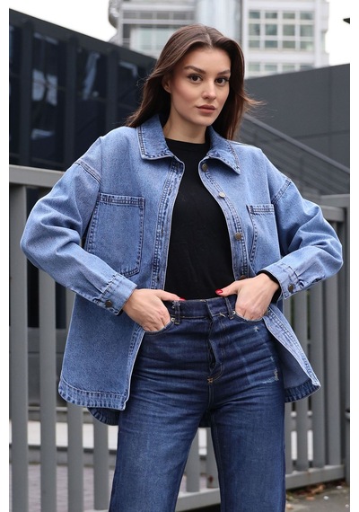 Hiccup Bdart Oversize Denim Ceket, Gömlek Yaka Ve Cep Detaylı Lacivert