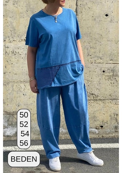 Mia Butik Büyük Beden Selenay Mavi Keten Takım Mavi