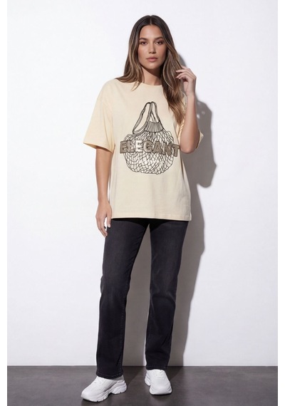 Kadın Baskılı Tshirt Bej