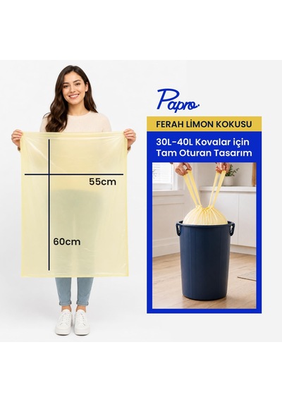 Limon Kokulu Orta Boy Çöp Poşeti 30'lu, 55x60 Cm, Dayanıklı Mutfak Çöp Torbası
