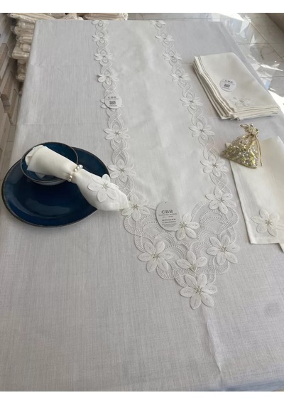 Sofra Takımı Evita Gardenya Keten Yemek Takımı 160x260 Masa Seti 26 Parça Runner Set Krem
