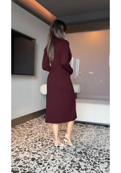 Vexor Kadın Uzun Kollu Balıkçı Yaka Önden Fermuarlı Yırtmaçlı Midi Viskon Iki Iplik Elbise Bordo