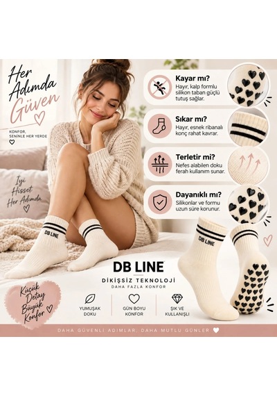Genel Db Lıne Kaydırmaz Yoga Pilates Çorabı 4'lü Pamuklu Silikon Taban, Barre St Krem / 36-40 / 4 Adet