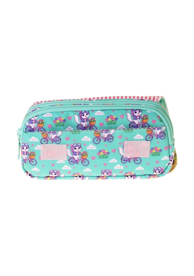 Kaukko Kids Taşıma Askılı Kız Çocuk Bisikletli Kedi Baskılı Şık Kalem Çantası Yeşil - Pembe - L5330 Çok Renkli