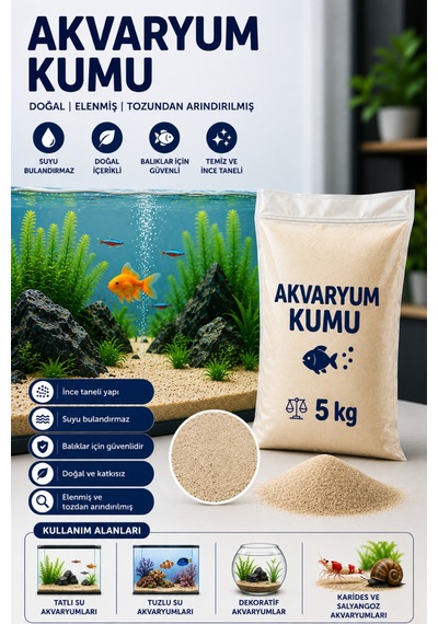 Doğal Akvaryum Kumu Açık Bej 5 Kg İnce Taneli Elenmiş Tozdan Arındırılmış Fırında Kurutulmuş