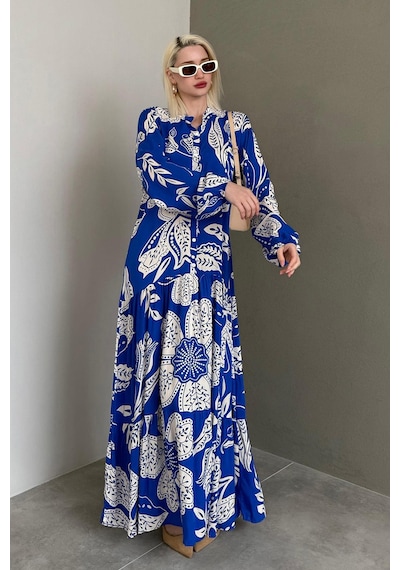 Madmext Saks Desenli Düğmeli Uzun Kollu Elbise Mg2397 Saks