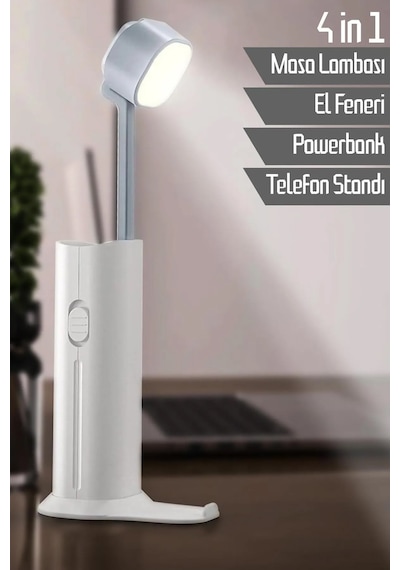 4in1 Şarjlı Masa Lambası Powerbank Özellikli Telefon Standlı Kamp El Feneri Çalışma Okuma Işığı Beyaz