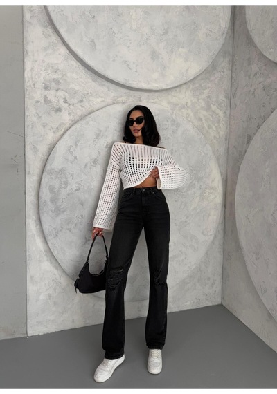 Kadın Straight Jean Yırtık Detaylı Ara Bel Boru Paça Kot Pantolon Füme Siyah+füme