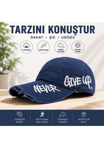 Valkyrie Unisex Lacivert Never Give Up Nakışlı Baseball Şapka Ayarlanabilir Vintage Streetwear Spor Kep
