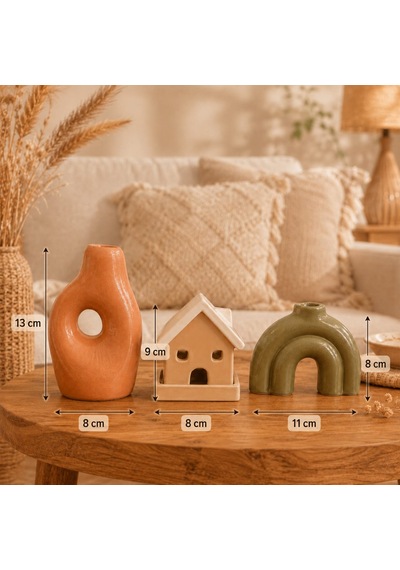 Momiko 3 Lü Modern Bohem Dekoratif Obje Ve Vazo Seti Ev, Kemer Ve Delikli Form Terracota-bej-yeşil