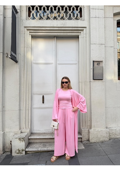 Bonacosa Kadın Viskon 3 Lü Takım Kimono + Beli Lastikli Salaş Pantolon + Sıfır Kol Kolsuz 8 Renk Pembe Bonacosa Kadın Viskon 3 Lü Takım Kimono + Beli Lastikli Salaş Pantolon + Sıfır Kol Kolsuz 8 Renk Pembe