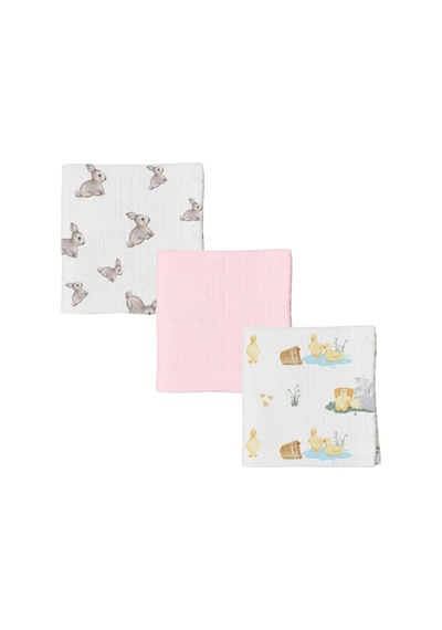% 100 Pamuk 3'lü Müslin Bebek Örtüsü Iconıque Lapin & Petits Canetons & Innocent Pink 100x100 Throw3pack1004