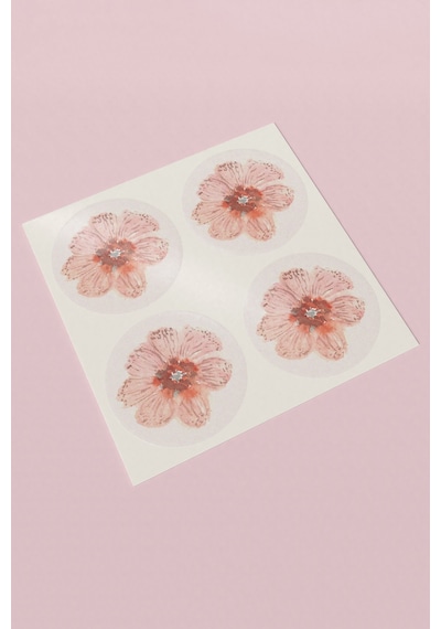 Pembe Çiçek Desenli Yuvarlak Sticker Etiketi 3x3cm St2423 Çok Renkli