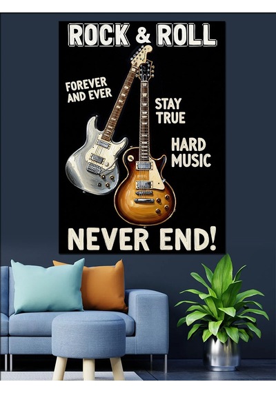Ahşap Tablo Beyaz Gitar Rock And Roll Posteri