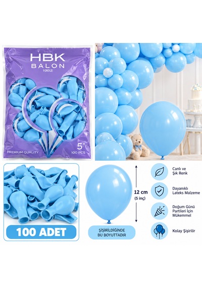 100 Adet Makaron Mavi 5 İnç 12 Cm Lateks Balon + 5 Metre Balon Zincir Şeridi Hediye Açık Mavi