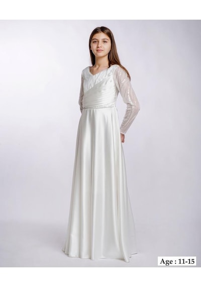 Kız Çocuk/genç Yeni Moda Tafta Kumaş Uzun Kollu Tam Kalıp Abiye Elbise 5799-beyaz Beyaz