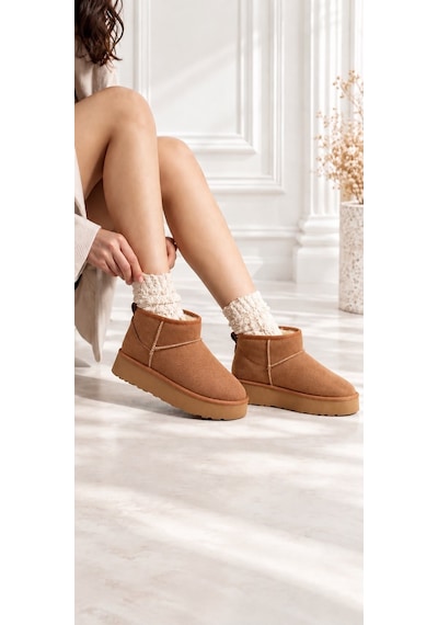 Dabab Shoes Kardelen Kadın Taba Lüks Süet İçi Kürklü Sıcak Astarlı 5 Cm Kalın Tabanlı Kısa Bot Kar Botu