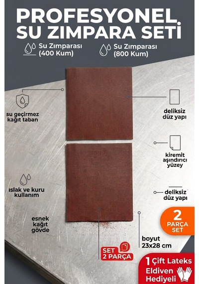 23x28 Cm Su Zımparası Seti 400 800 Kum 2 Parça Islak Kuru İnce Finisaj Zımparası + Eldiven