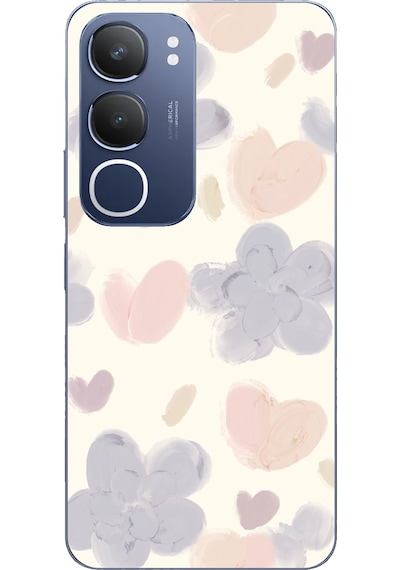 Vivo Y19s Uyumlu Pastel Boya Bahçesi Çiçek Ve Kalp Baskılı Silikon Kılıf Renkli